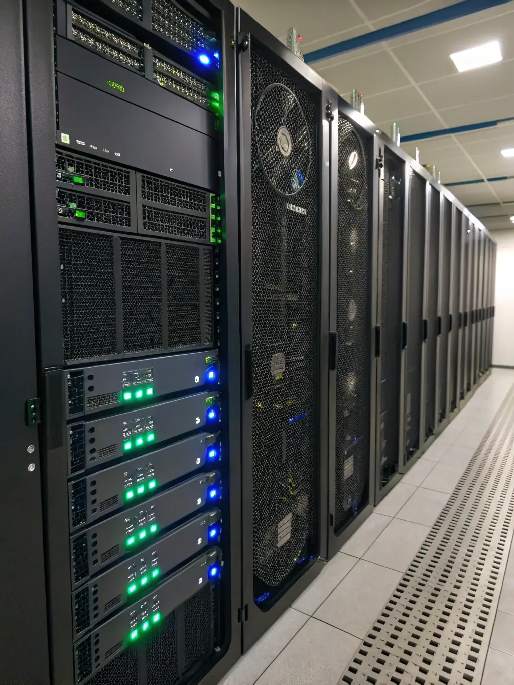 A visually appealing image of a server room with blinking lights, representing stable and reliable hosting infrastructure for 'Hostinger'.